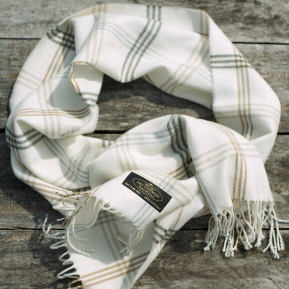 100% CASHMERE European Fringed Plaid Cream Scarf - Picture 1 of 16